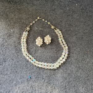 Vintage 1950s Aurora Borealis Crystal Glass Bead 17” Long & EARRINGS